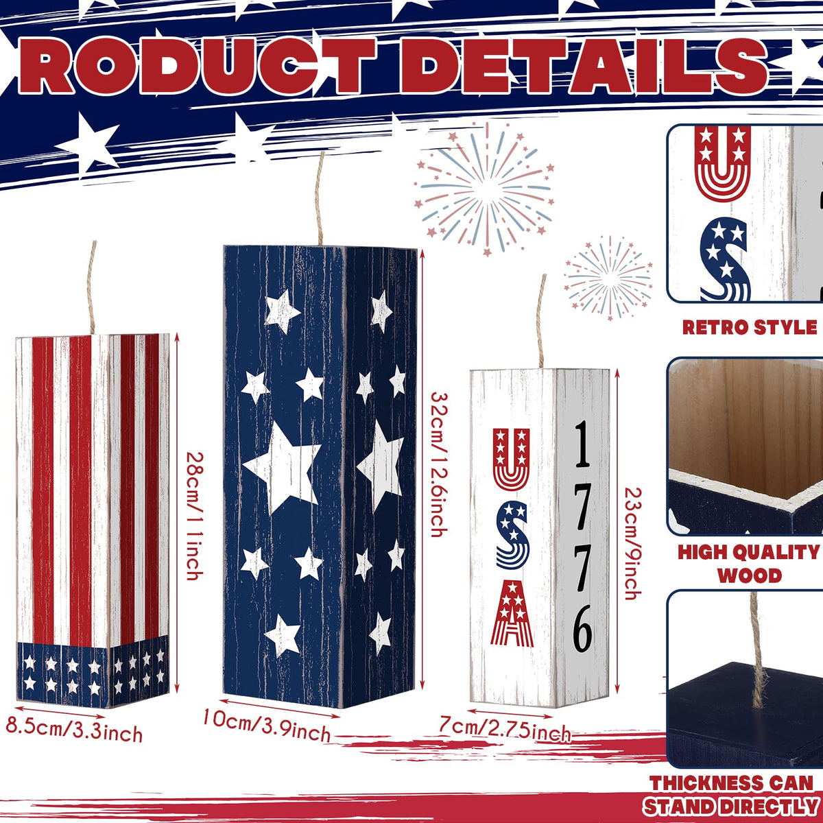 Meonum patriotic wooden sign with fireworks motif enhances yard appeal.