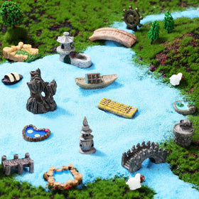 Meooeck miniature boat and raft evoke tranquil river dioramas.