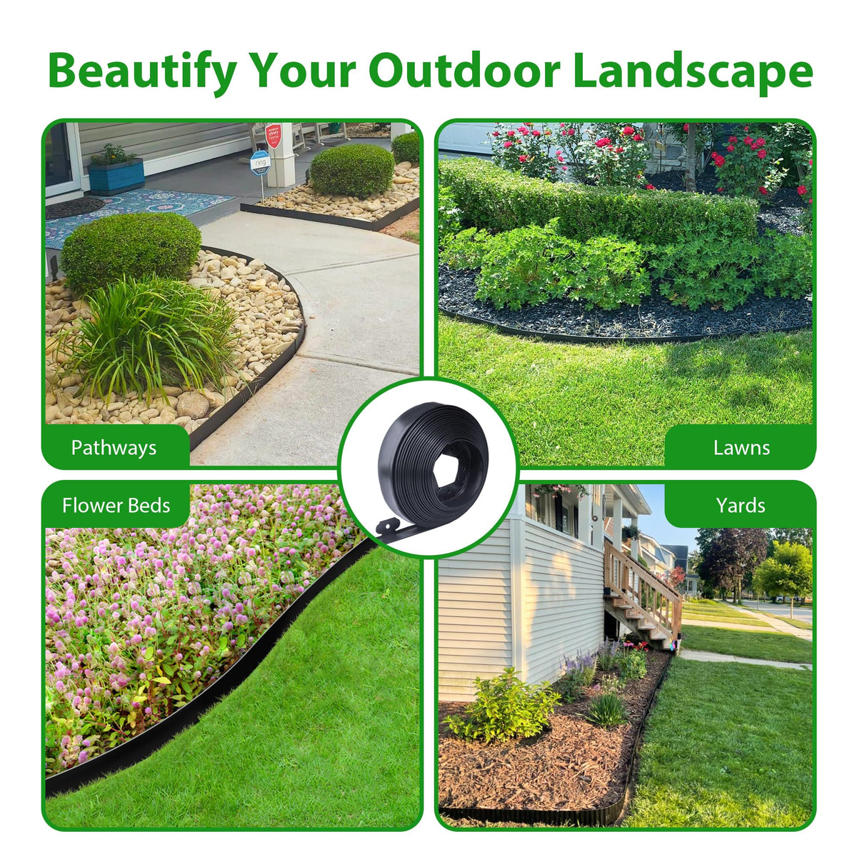 Meoslss flexible edging curved to fit garden beds.
