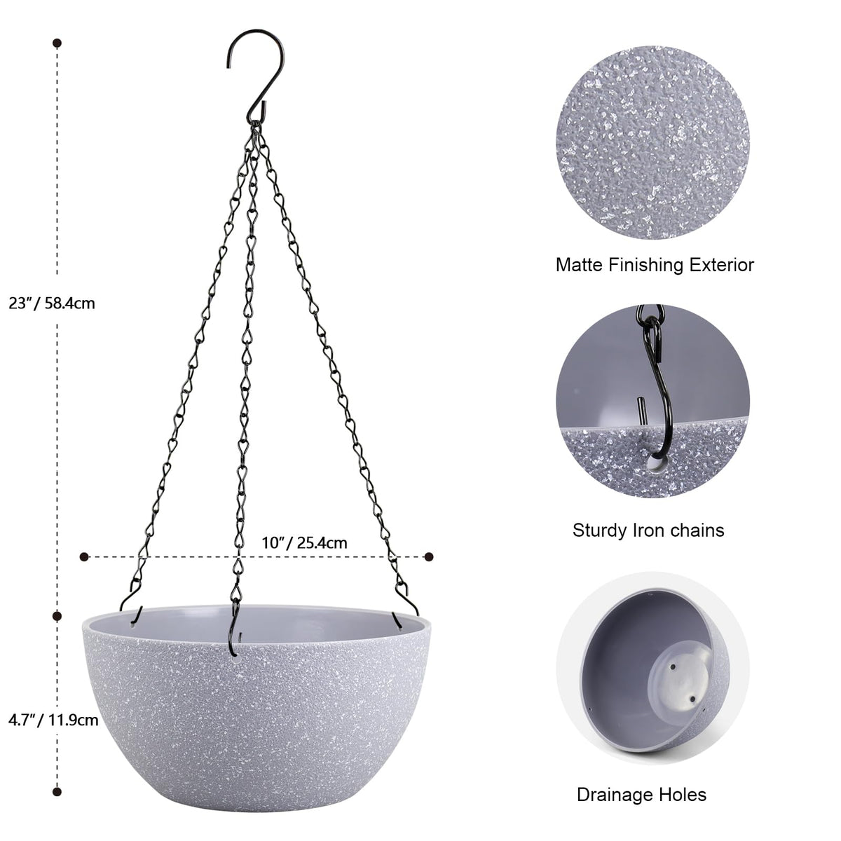 Meowell hanging planter with drainage holes close-up for watering control.