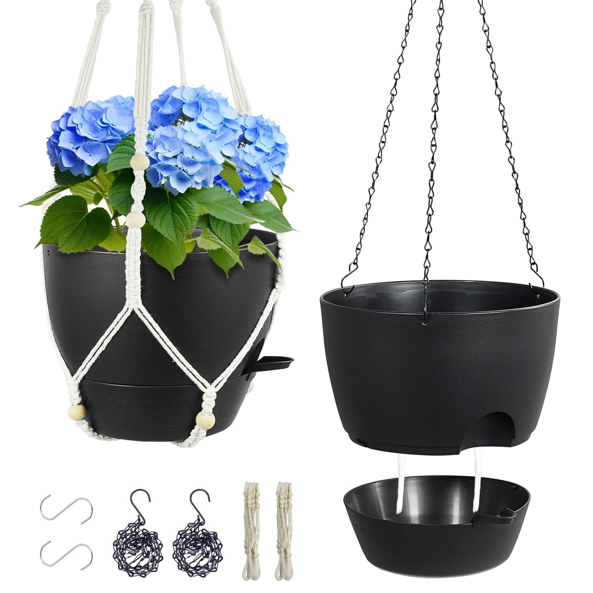 Meowell 10-inch self-watering hanging planter, front view, two-pack.