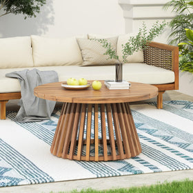 Merax acacia round coffee table base providing sturdy support for outdoor setups.