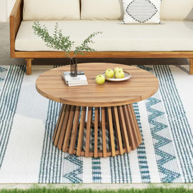 Merax acacia round coffee table top with natural grain for outdoor charm.