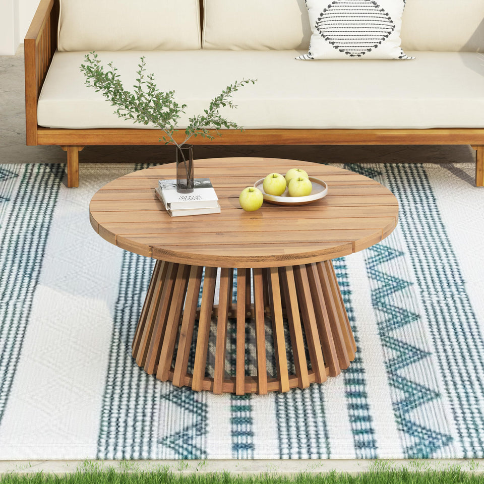 Merax acacia round coffee table top with natural grain for outdoor charm.