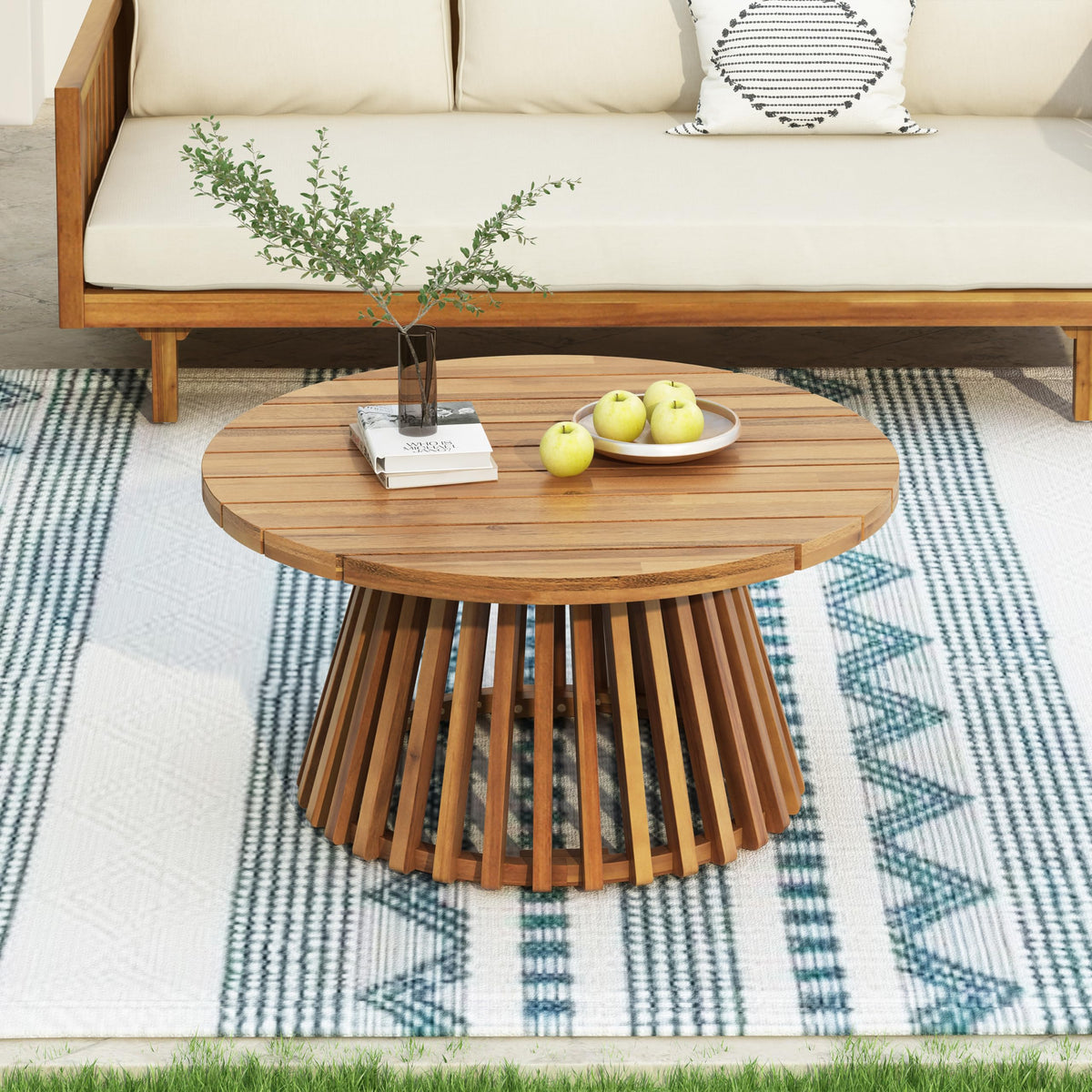 Merax patio acacia round table top shows natural grain with teak finish for outdoor ambience