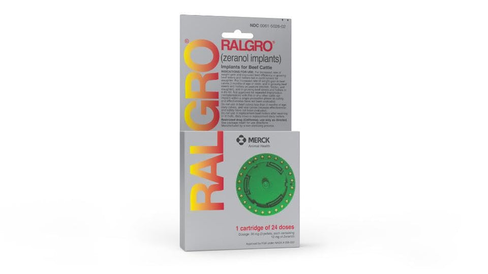 Merck Ralgro 24DS cartridge closeup for beef cattle with a 24-dose system.