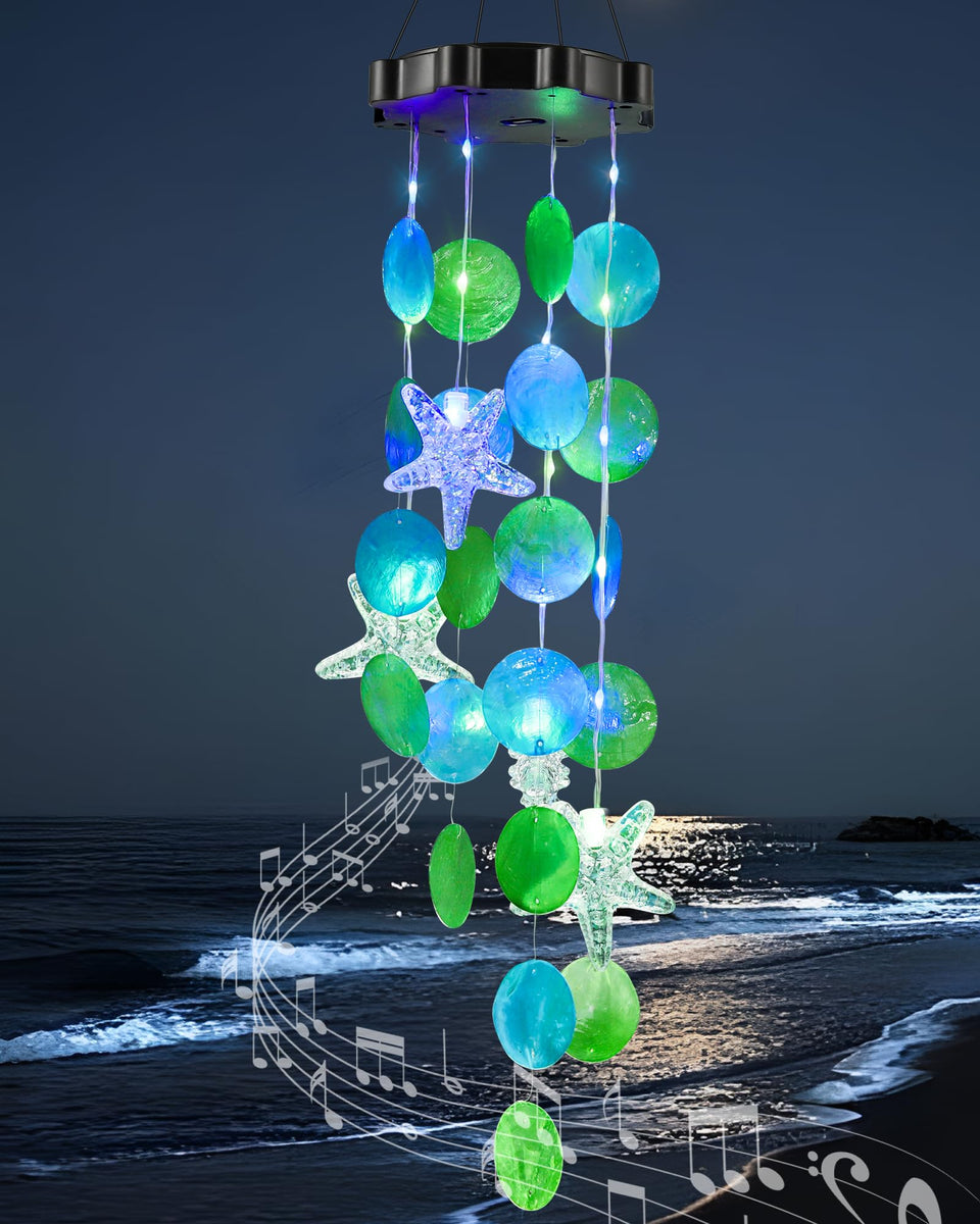 MERRIMAX M solar shell wind chimes outdoors glow in dusk light