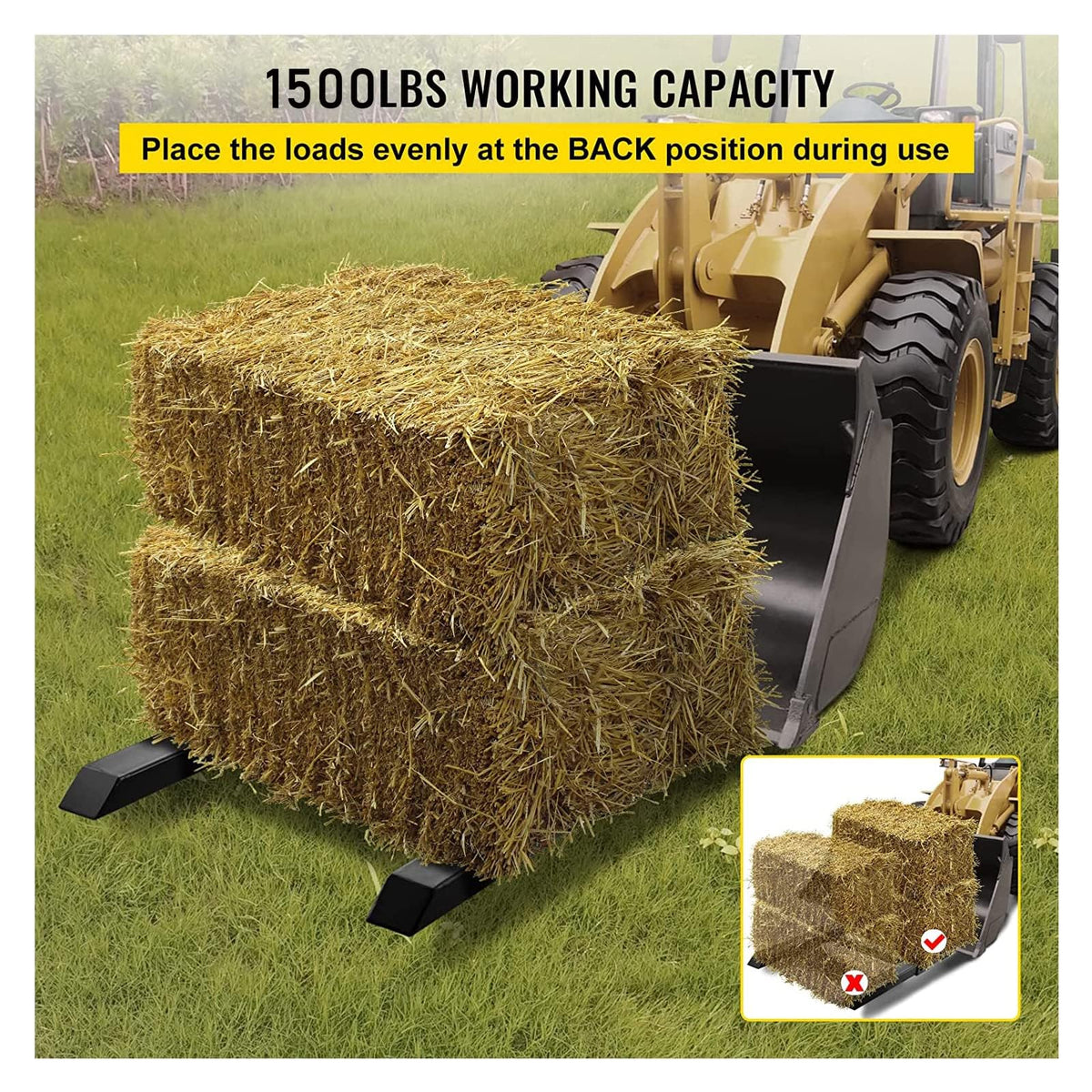 MERXENG clamp-on pallet forks mounted on loader bucket for quick material transport