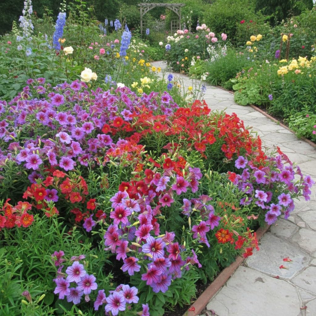 MEsay spring garden display shows climbing morning glory on a trellis