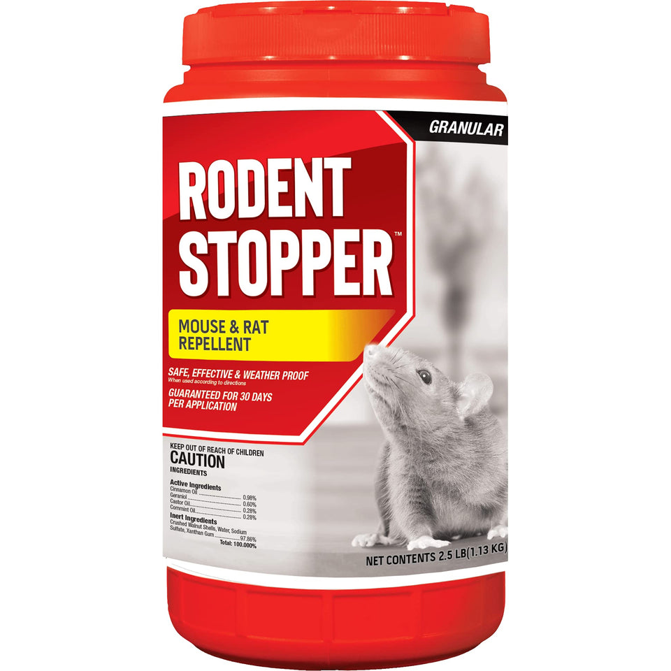 Messinas Rodent Stopper 2.5 lb bottle ready to deter rodents.