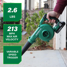 Metabo HPT 18V MultiVolt compact blower shows 124 CFM for quick cleanup.