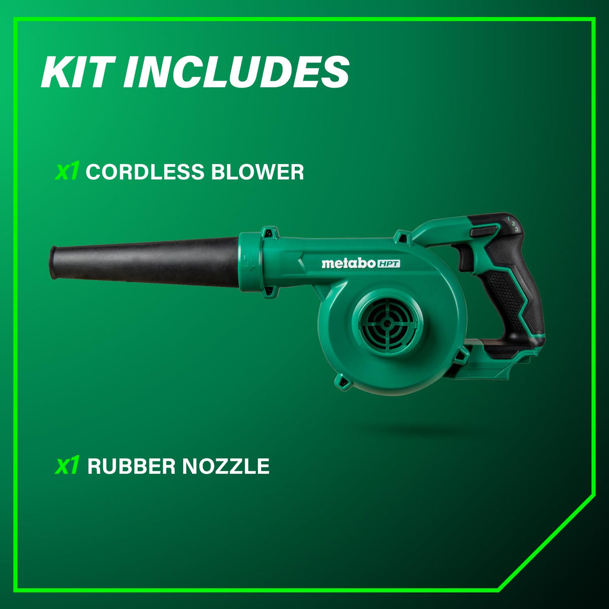 Metabo HPT 18V MultiVolt blower thumb lock-on for fatigue reduction.