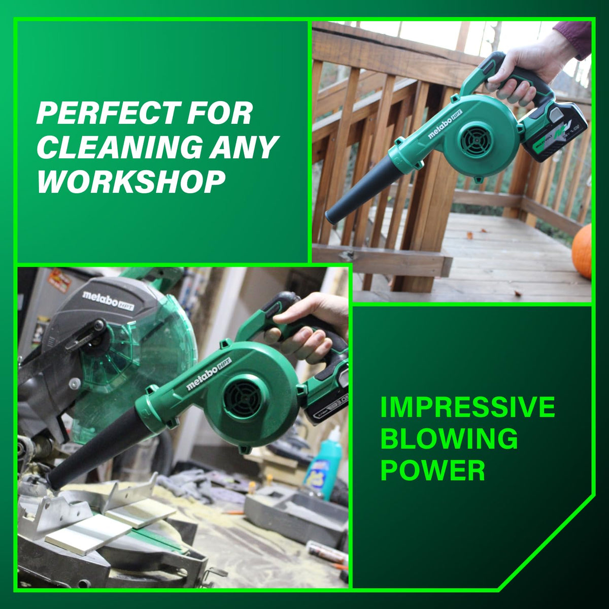 Metabo HPT 18V MultiVolt blower with variable speed trigger for precision.