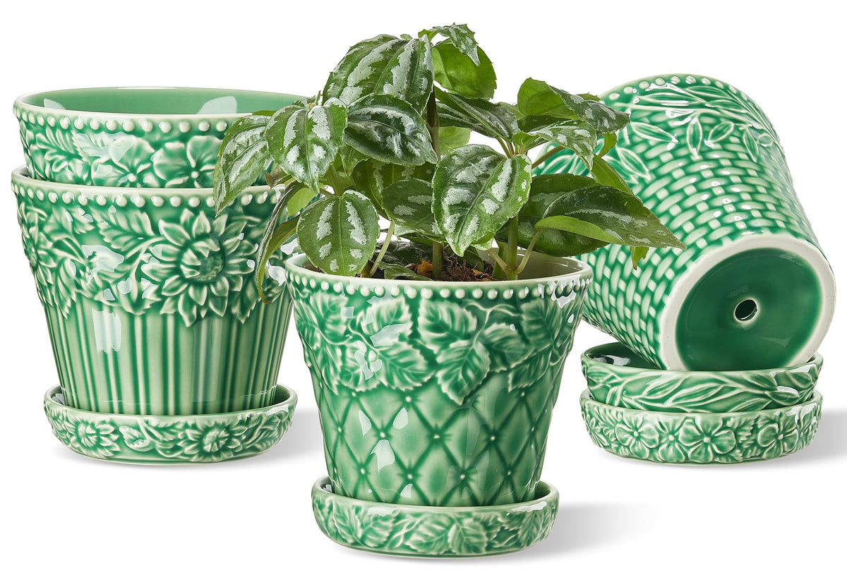 Metahom ceramic pot with embossed rim adds refined texture to shelves.