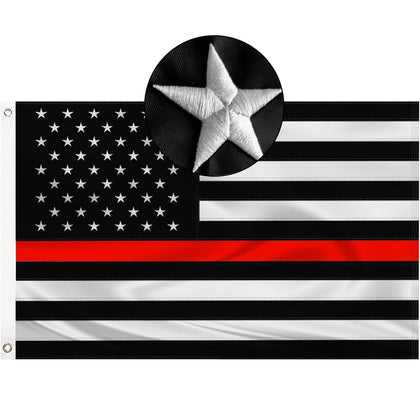 METDIRU embroidered thin red line flag 3x5 close-up shows textured embroidery and vivid color