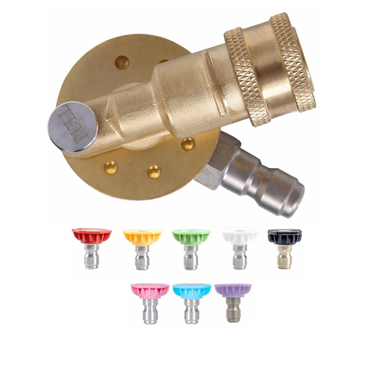 Meteor Blast pivoting coupler with eight nozzle tips for versatile cleaning.
