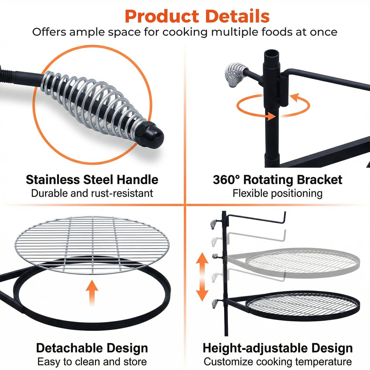 METORICO 360° swivel cooking grate lets you move food away from flames instantly.