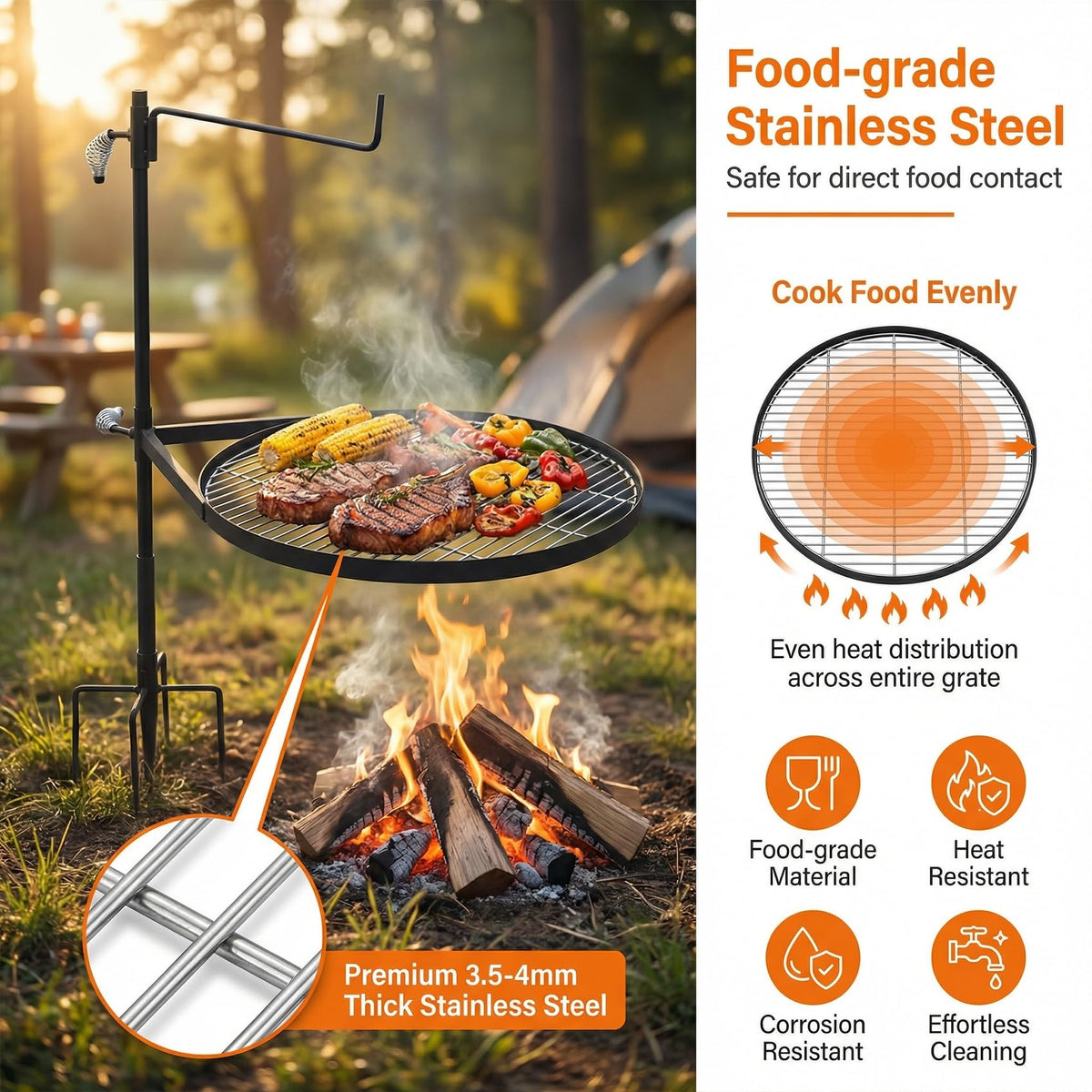 METORICO extended hook supports heavy Dutch ovens or kettles while you grill.