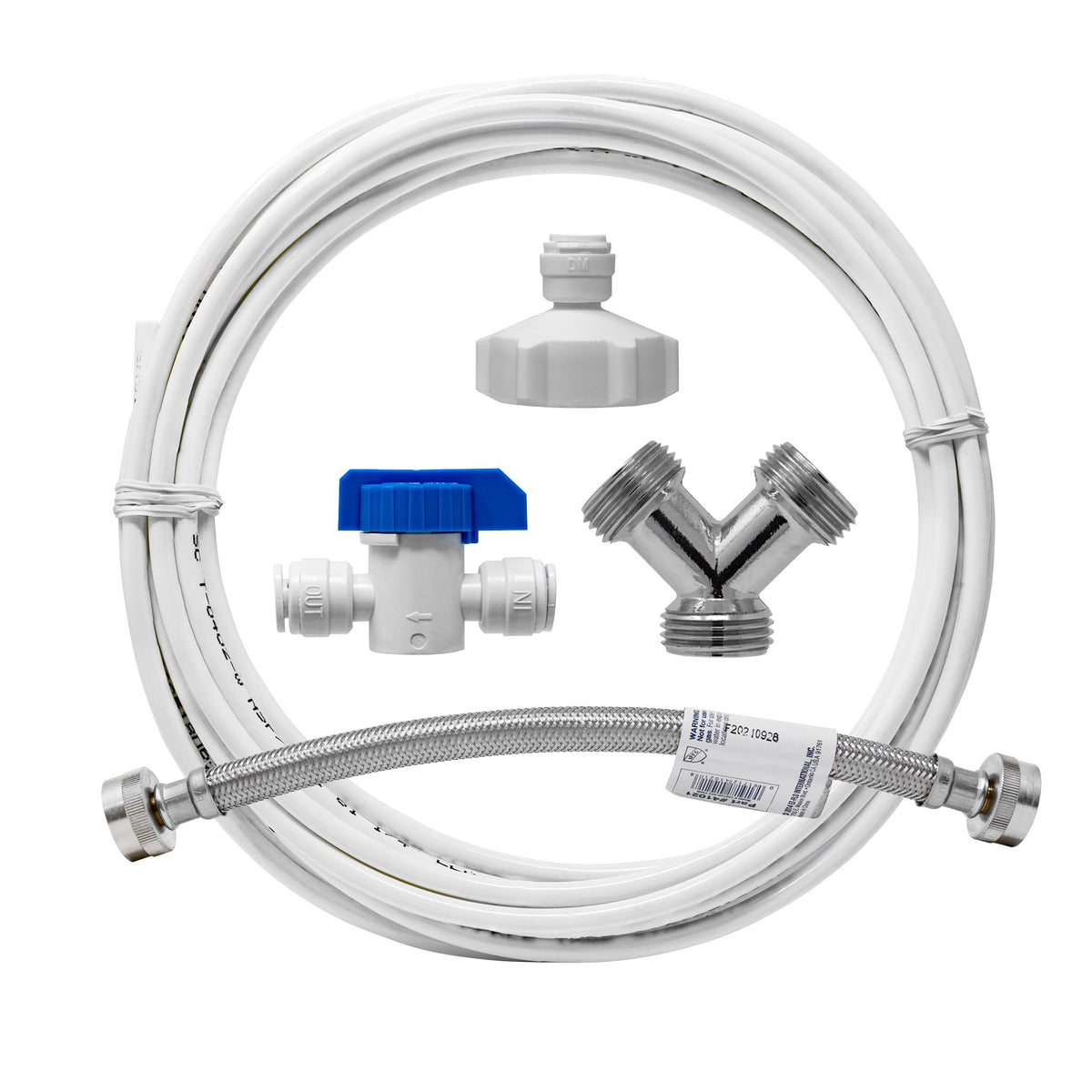 Metpure washer water feed line splitter assembly with durable fittings for versatile connections
