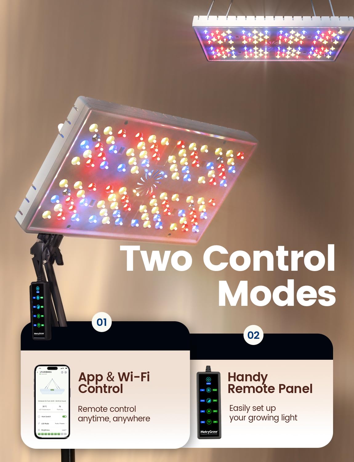 MetryGrow 48W full-spectrum LED delivers balanced light for plants.