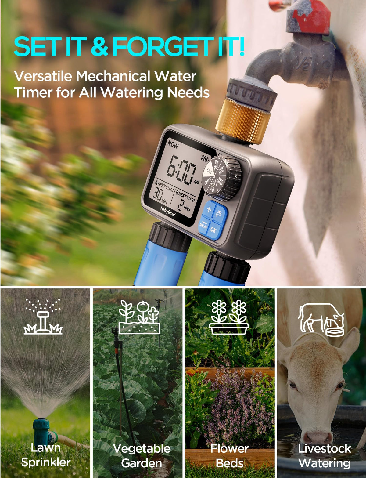 MetryGrow timer in garden demonstrates versatile yard use