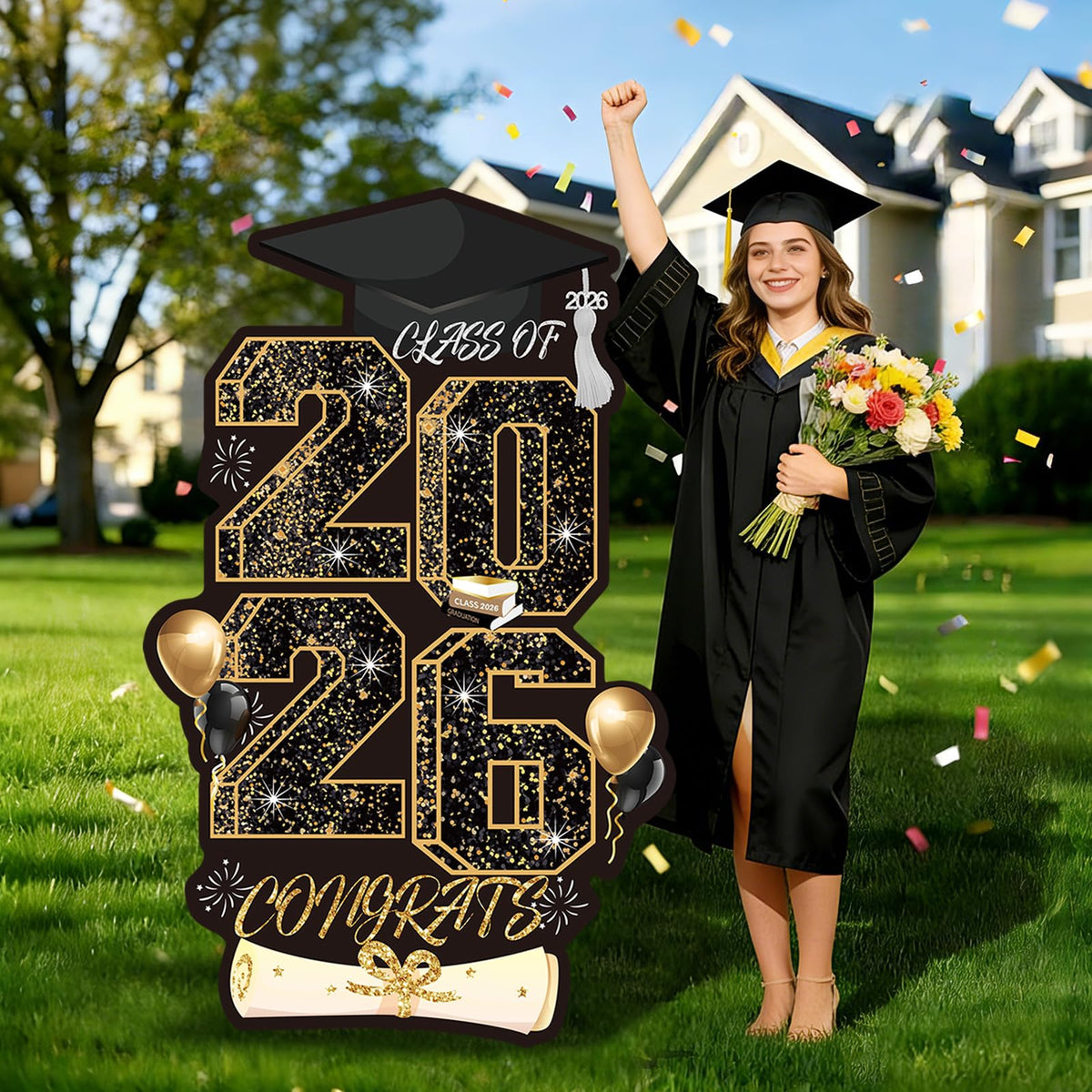 Meuaras 2026 graduation yard sign front view with gold accents for curb appeal