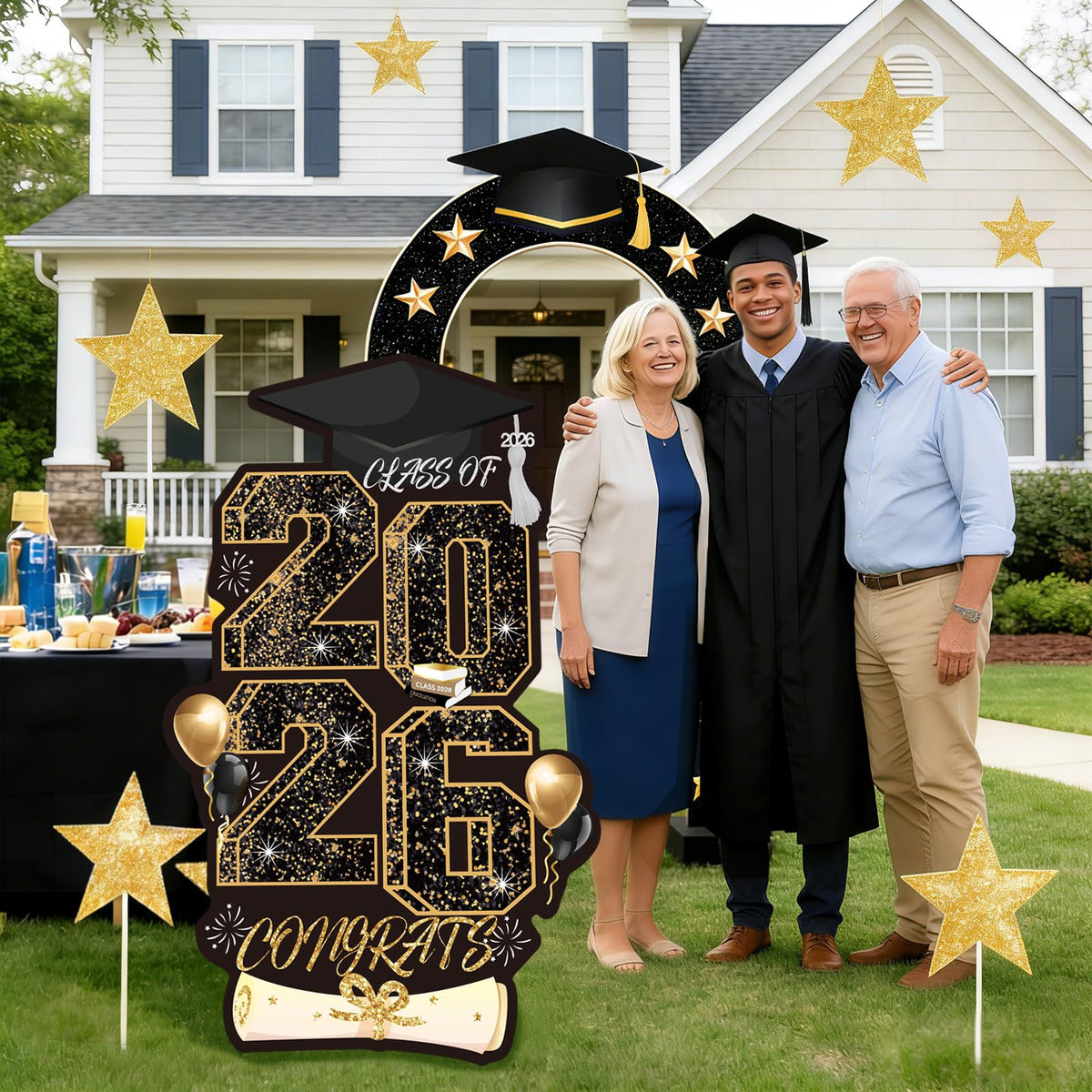 Meuaras 47x29 inch patio sign clearly visible across the yard