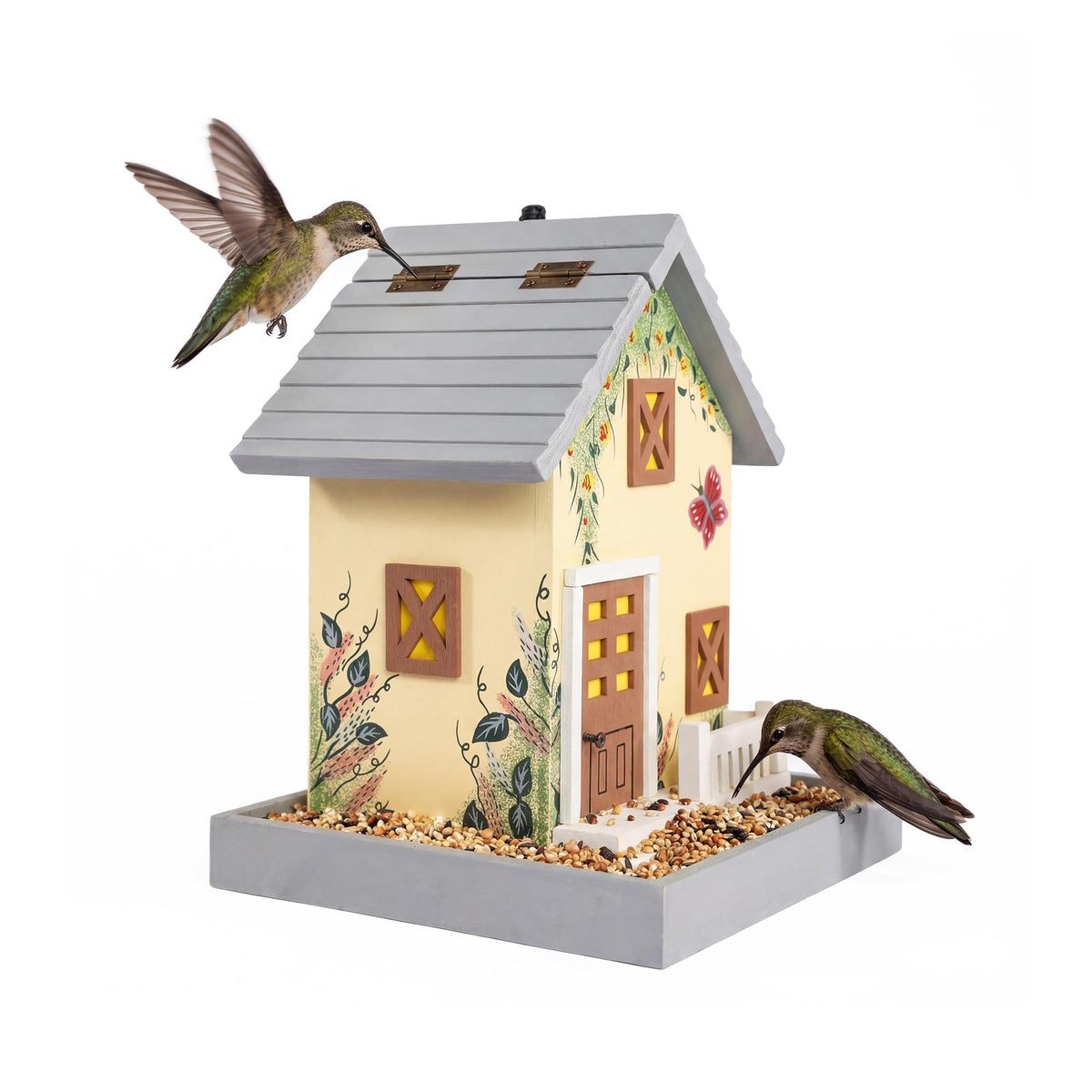 MEWANG outdoor hanging bird feeder front view in light yellow attracts birds