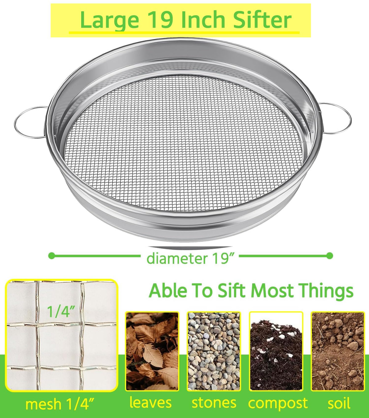 MEWPON soil sifter handle enables easy shaking during dirt screening