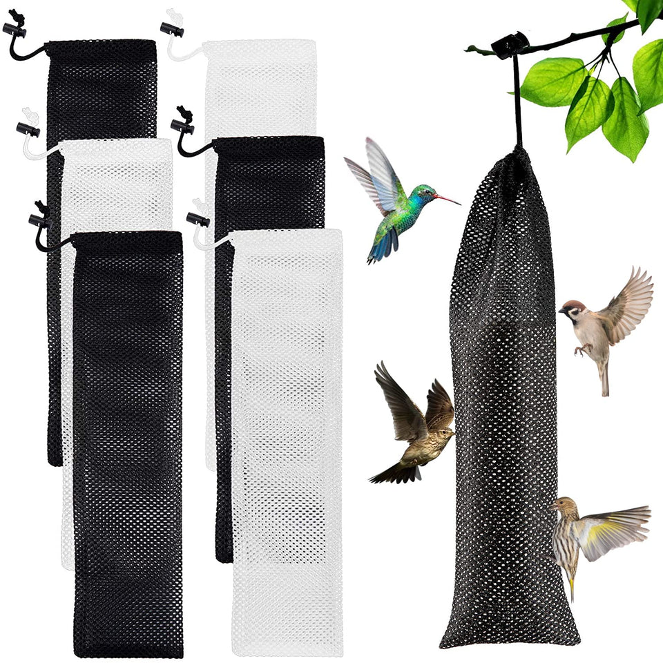 MEWTOGO finch sock feeder six-pack in white and black, easy to hang for yard birds.