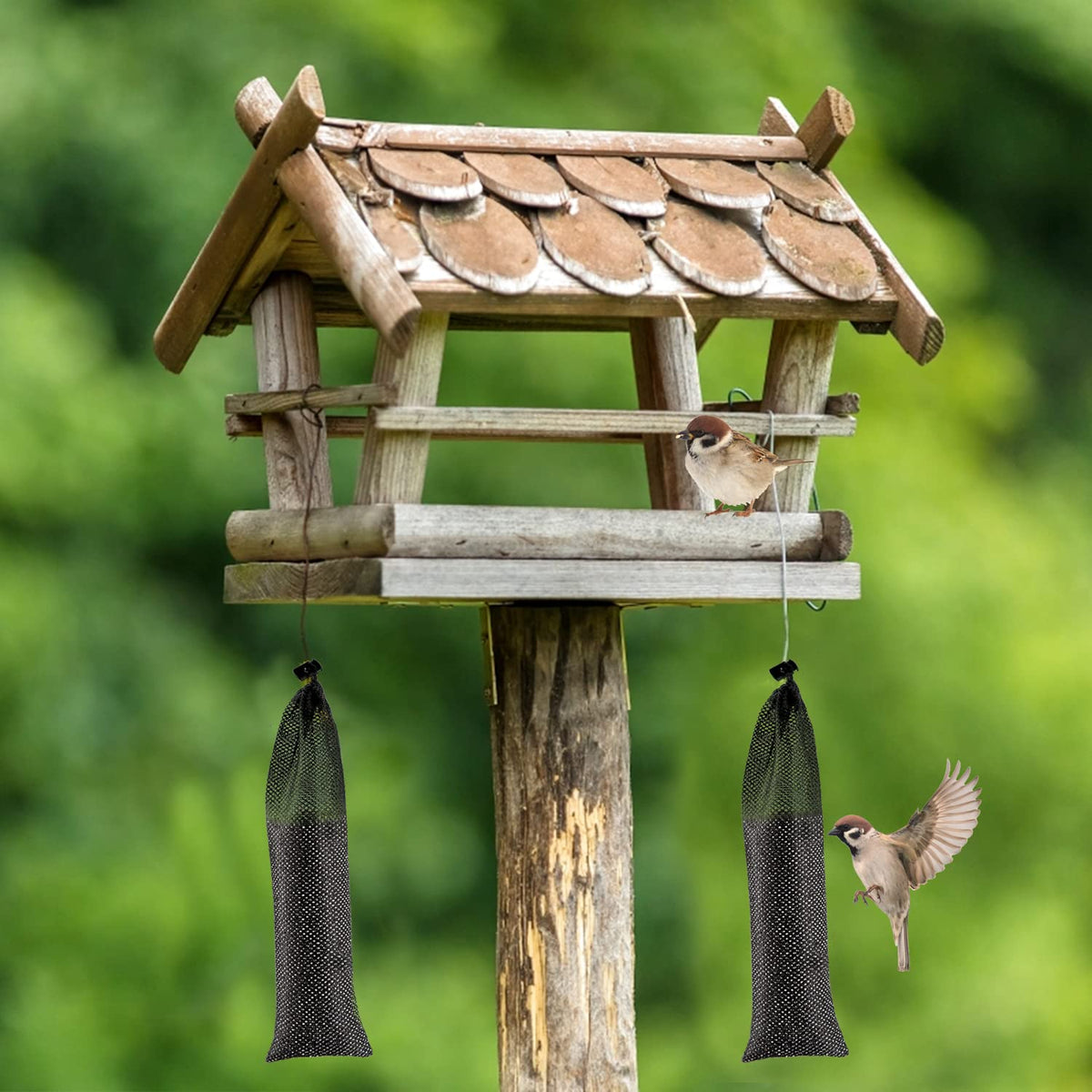 Durable polyester finch sacks with foldable silicone funnels for mess-free filling.