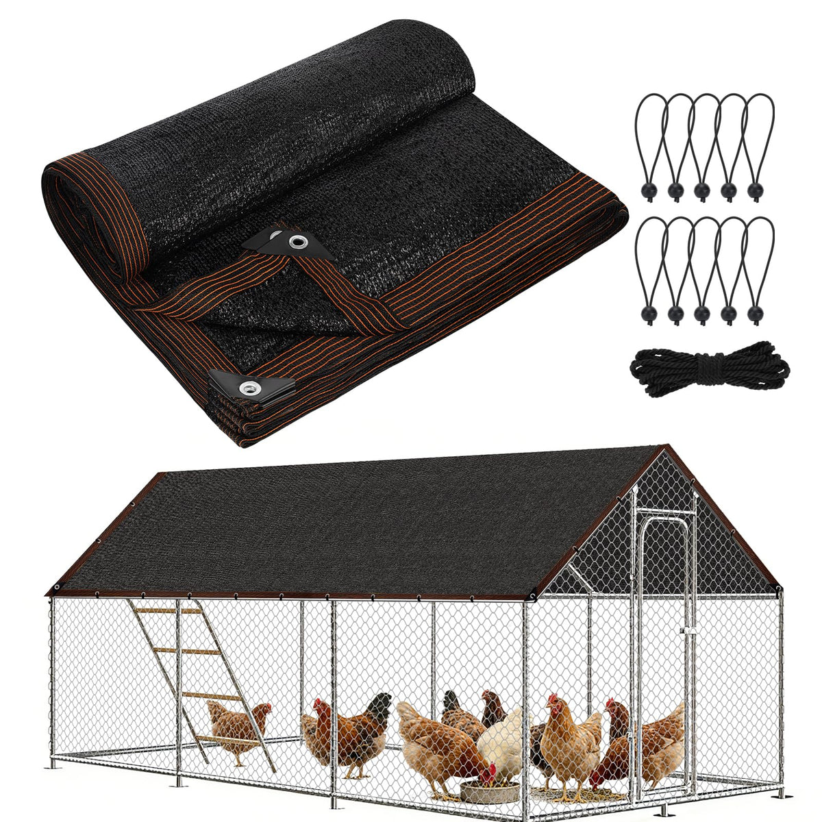 MEWTOGO shade cloth draped over a chicken coop providing cooling shade and airflow