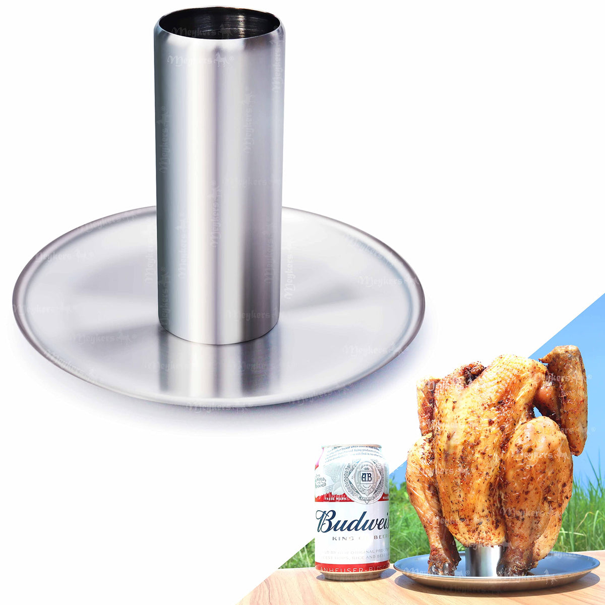 Meykers Beer Can Chicken Stand assembled for portable vertical roasting and even cooking