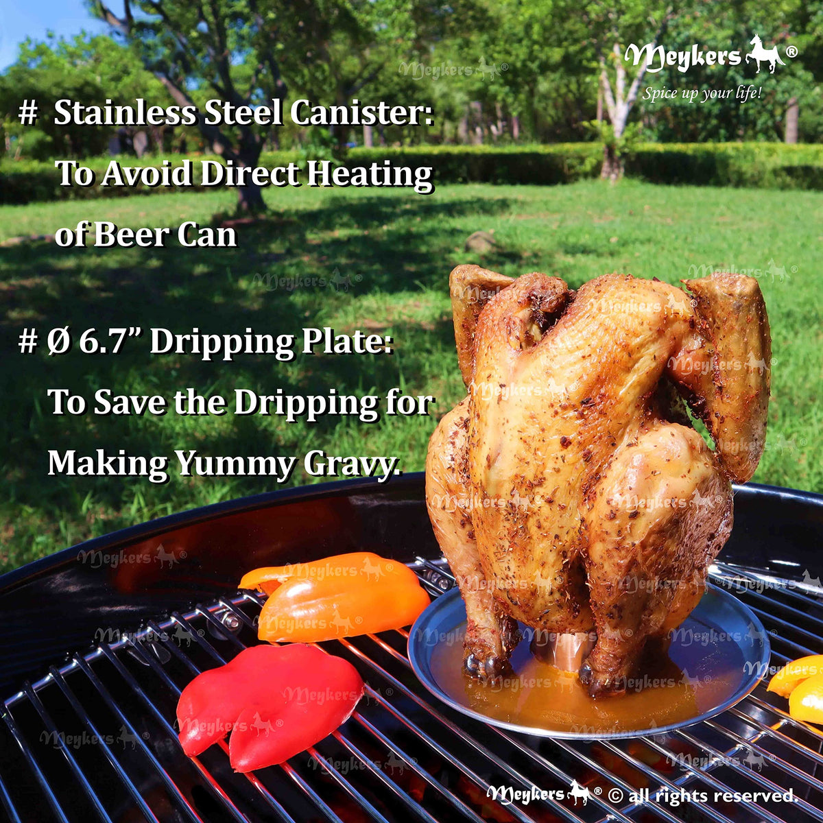 Meykers Beer Can Chicken Stand dripping tray captures juices for rich gravies