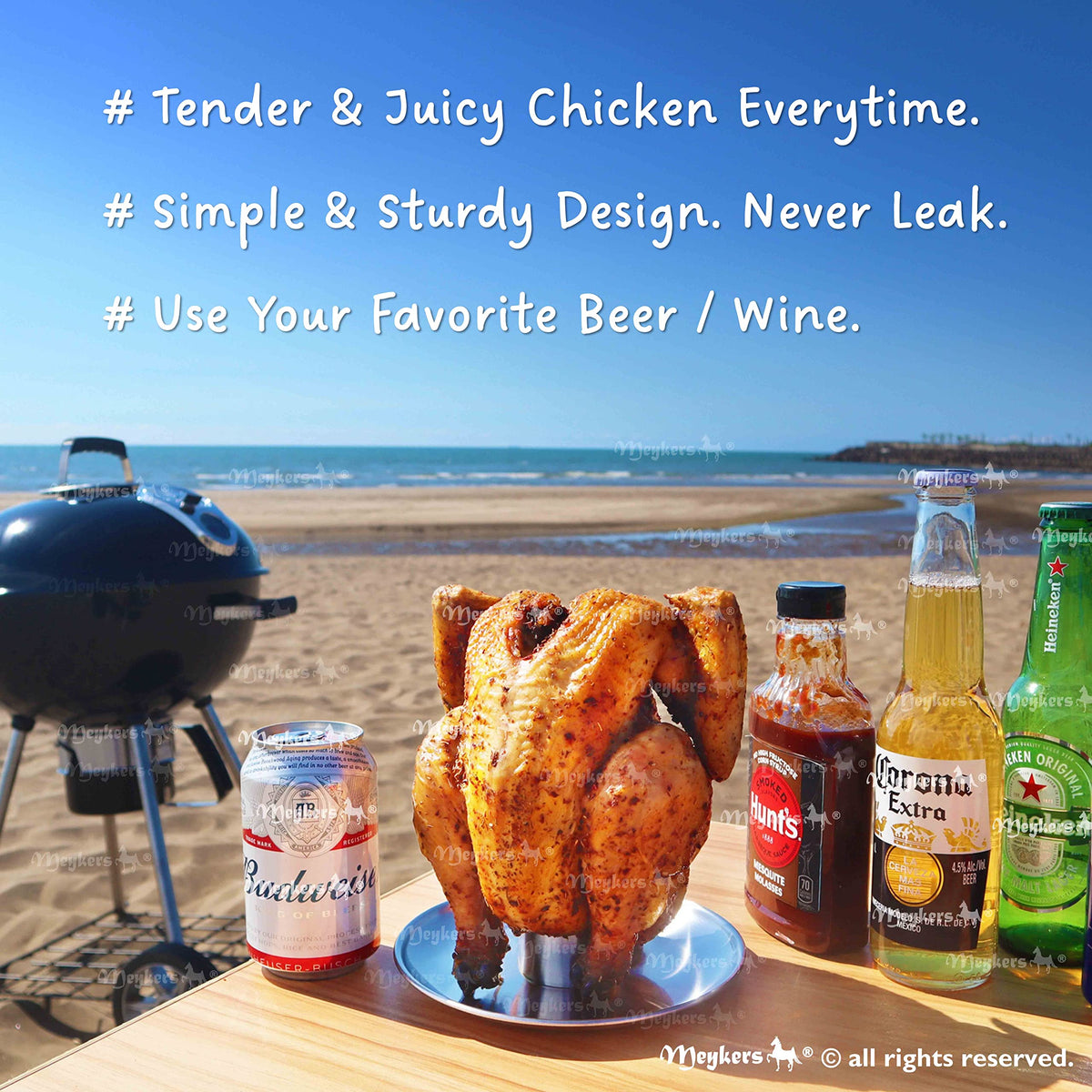 Meykers Beer Can Chicken Stand vertical roast setup delivering juicy, crispy results