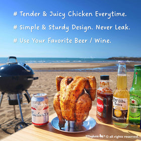 Meykers Beer Can Chicken Stand vertical roast setup delivering juicy, crispy results