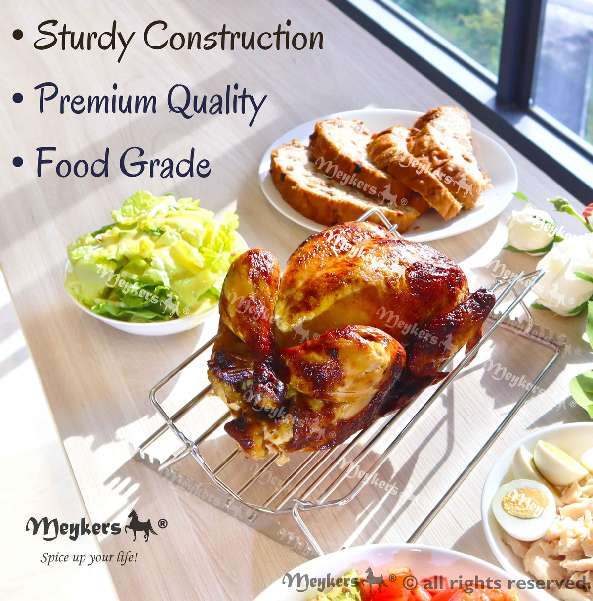 Meykers adjustable nine-position rack fits various birds and roasts