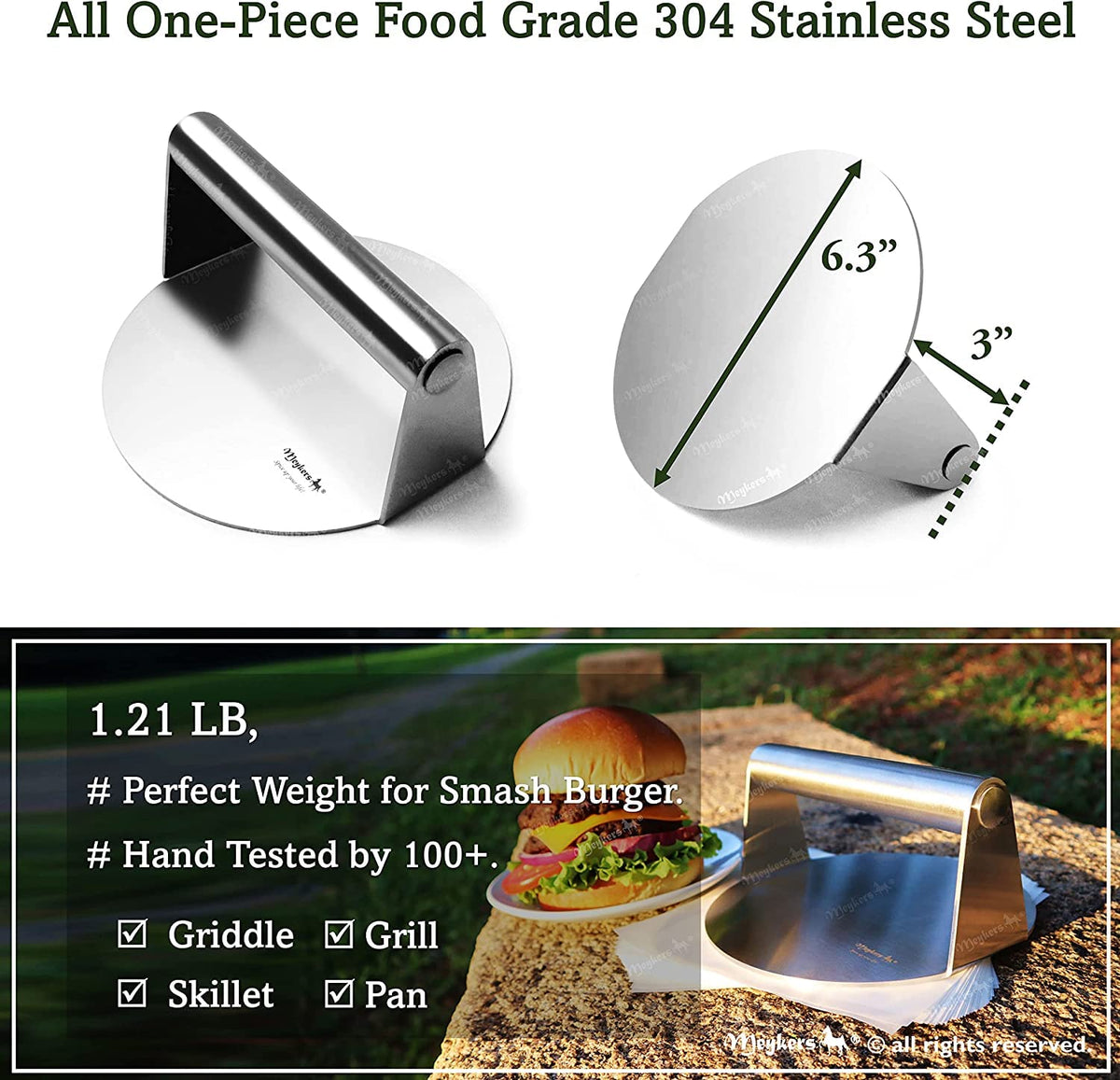 Meykers Smash Burger Press 304 stainless steel for durable, rust-resistant performance.