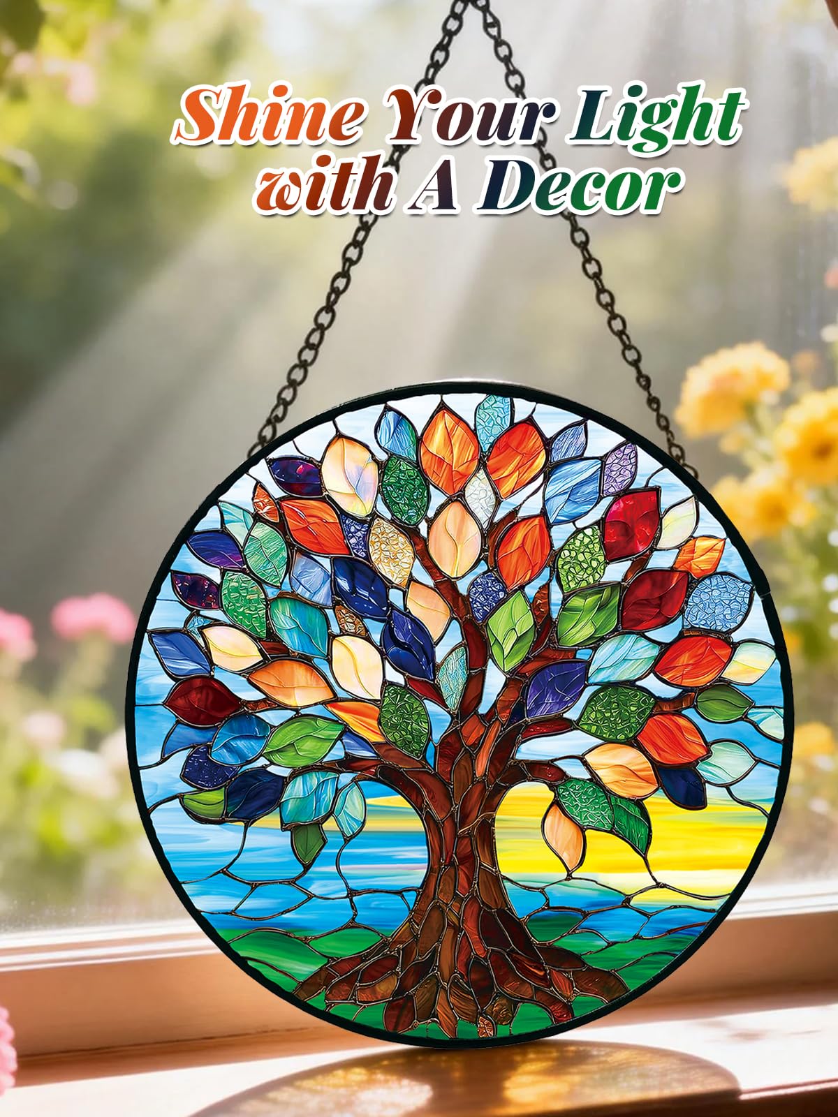 Meyocky Tree of Life suncatcher 6-3 inch close-up—rich glass detail