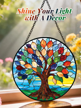 Meyocky Tree of Life suncatcher 6-3 inch close-up—rich glass detail