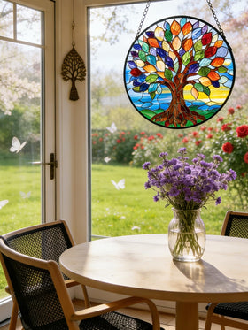 Meyocky stained glass Tree of Life suncatcher front view—clear artistry