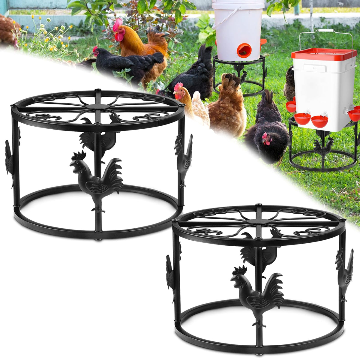 MeyRolizn chicken feeder stand overview shows sturdy iron construction for reliable coop use