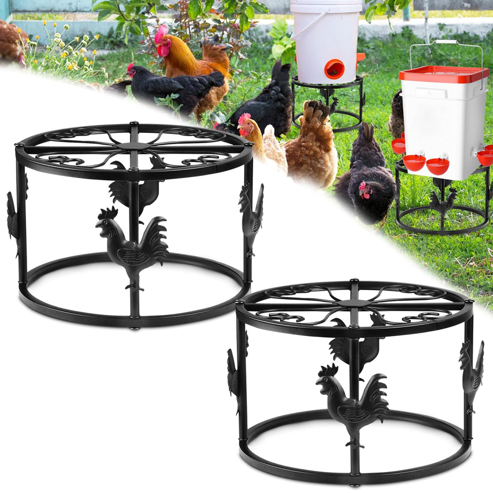 MeyRolizn chicken feeder stand overview shows sturdy iron construction for reliable coop use