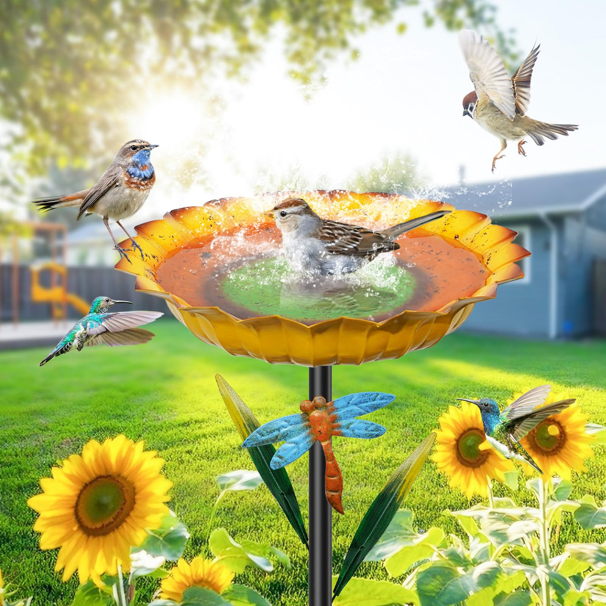 MeyRolizn dragonfly detail enhances garden appeal while guiding birds to water