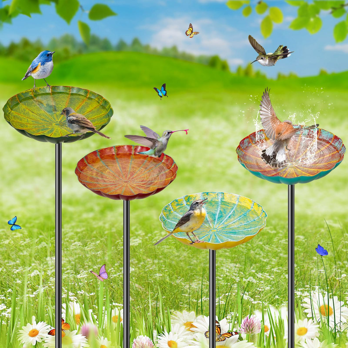 MeyRolizn metal flower bird bath outdoor decor attracts hummingbirds