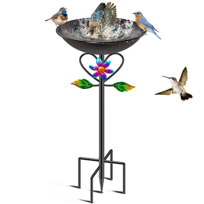 MeyRolizn vintage metal birdbath on a sturdy stand attracts garden birds for a refreshing bath.