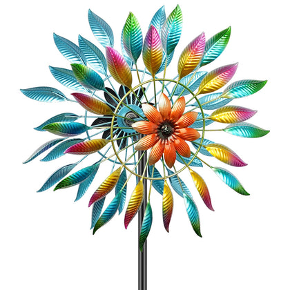 MeyRolizn wind spinner 64in front view showcasing vibrant double-sided blades in the garden.