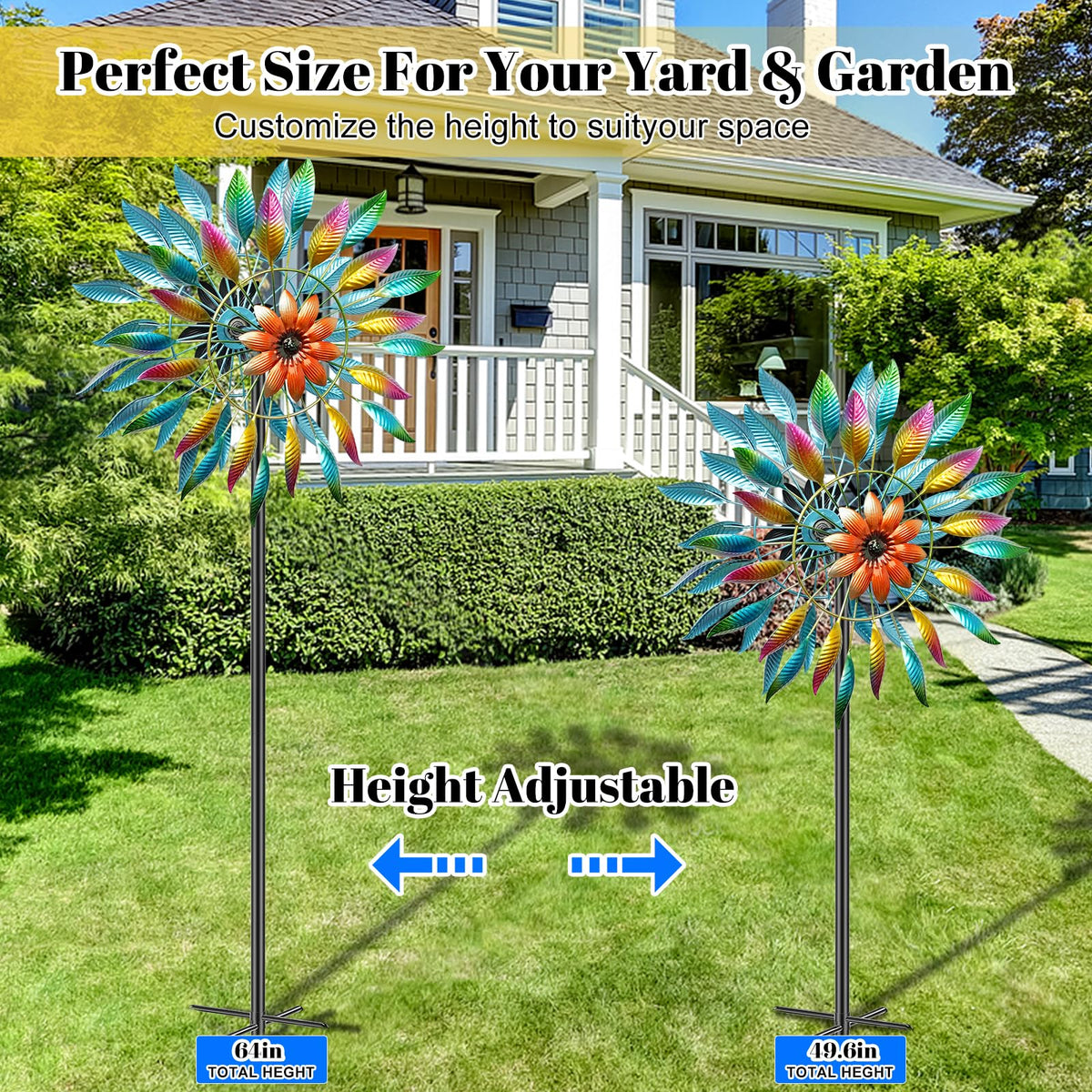 MeyRolizn wind spinner colorful coating withstands weather without fading.