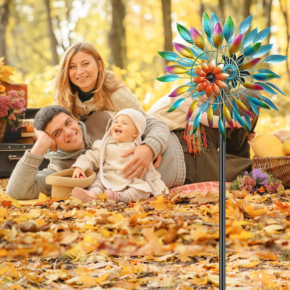MeyRolizn wind spinner mounted in a garden setting provides vibrant outdoor decor.