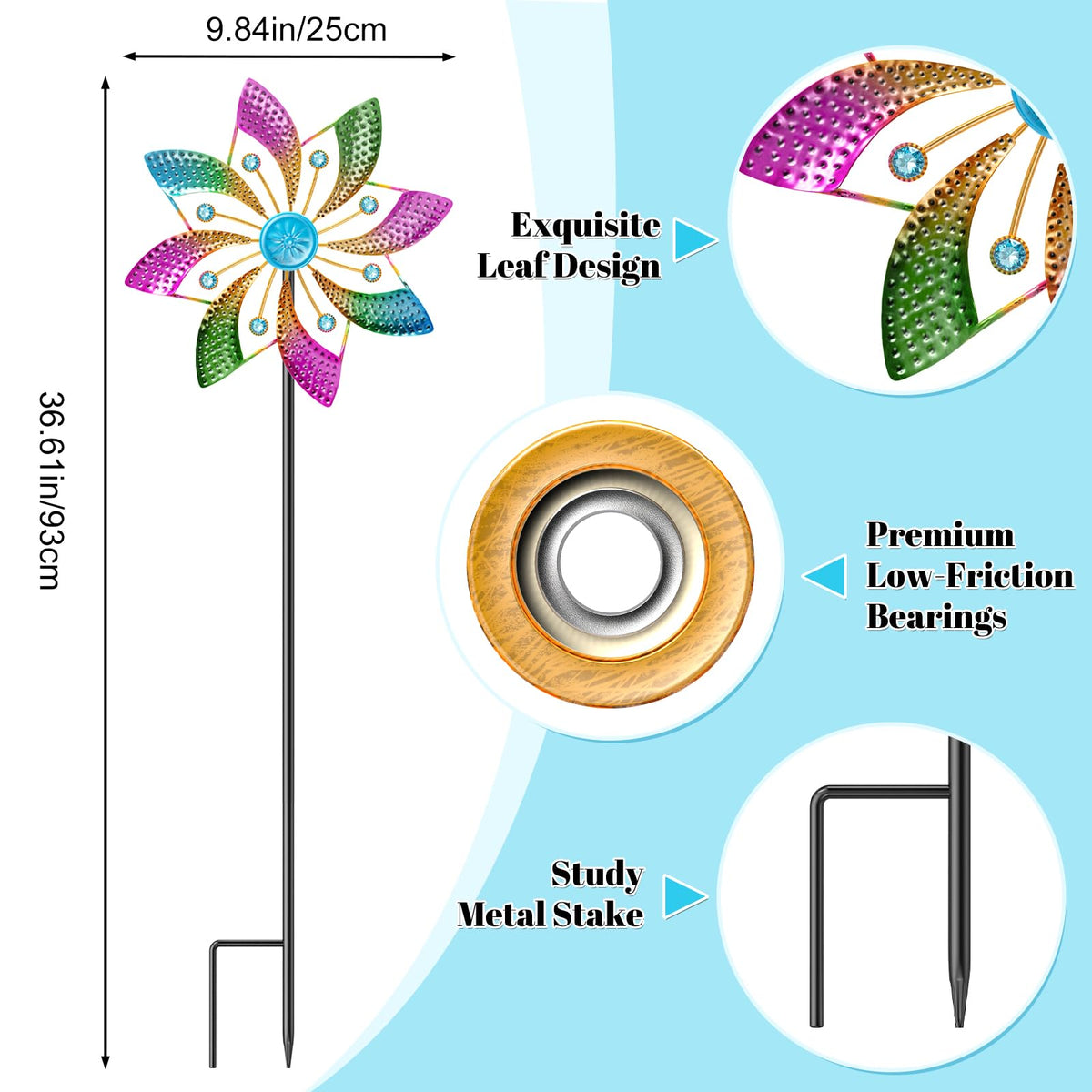 MeyRolizn wind-spinner on patio stand adds eye-catching movement at dusk.